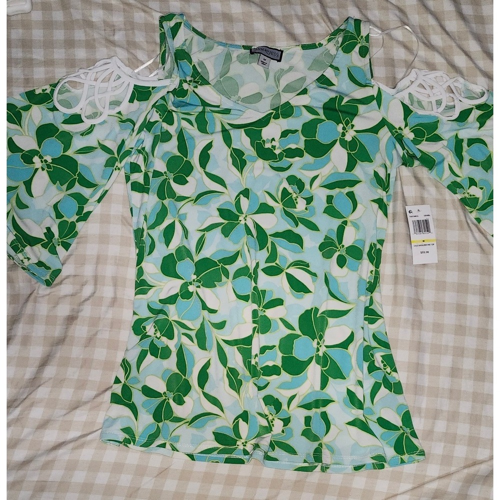 Sam and Jess Womens Green Blue Floral Cold Shoulder Knit Top Lattice Detail NWT